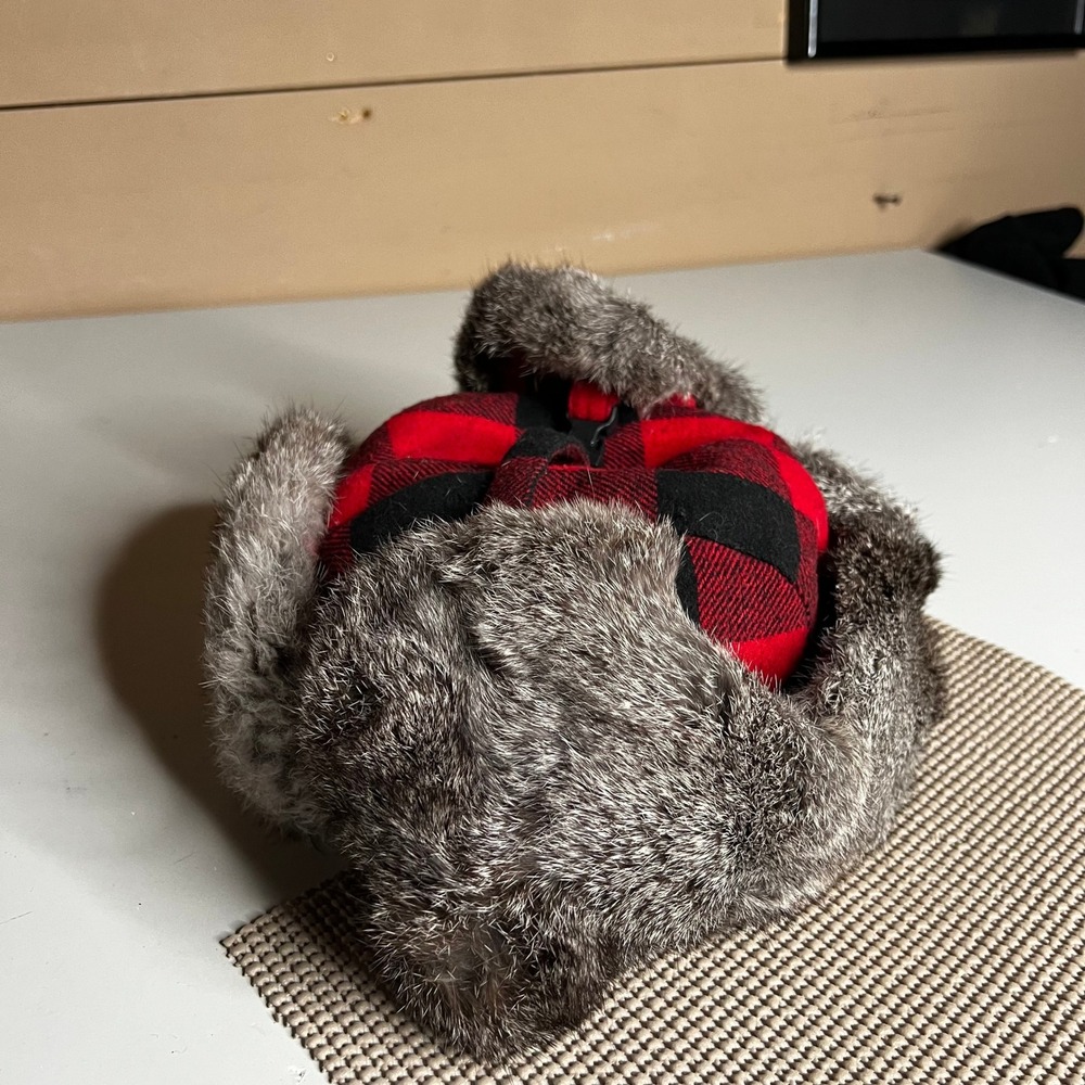 Yukon Tracks Red Buffalo Plaid Trapper Hat Genuine Rabbit Fur Ear Flaps Large